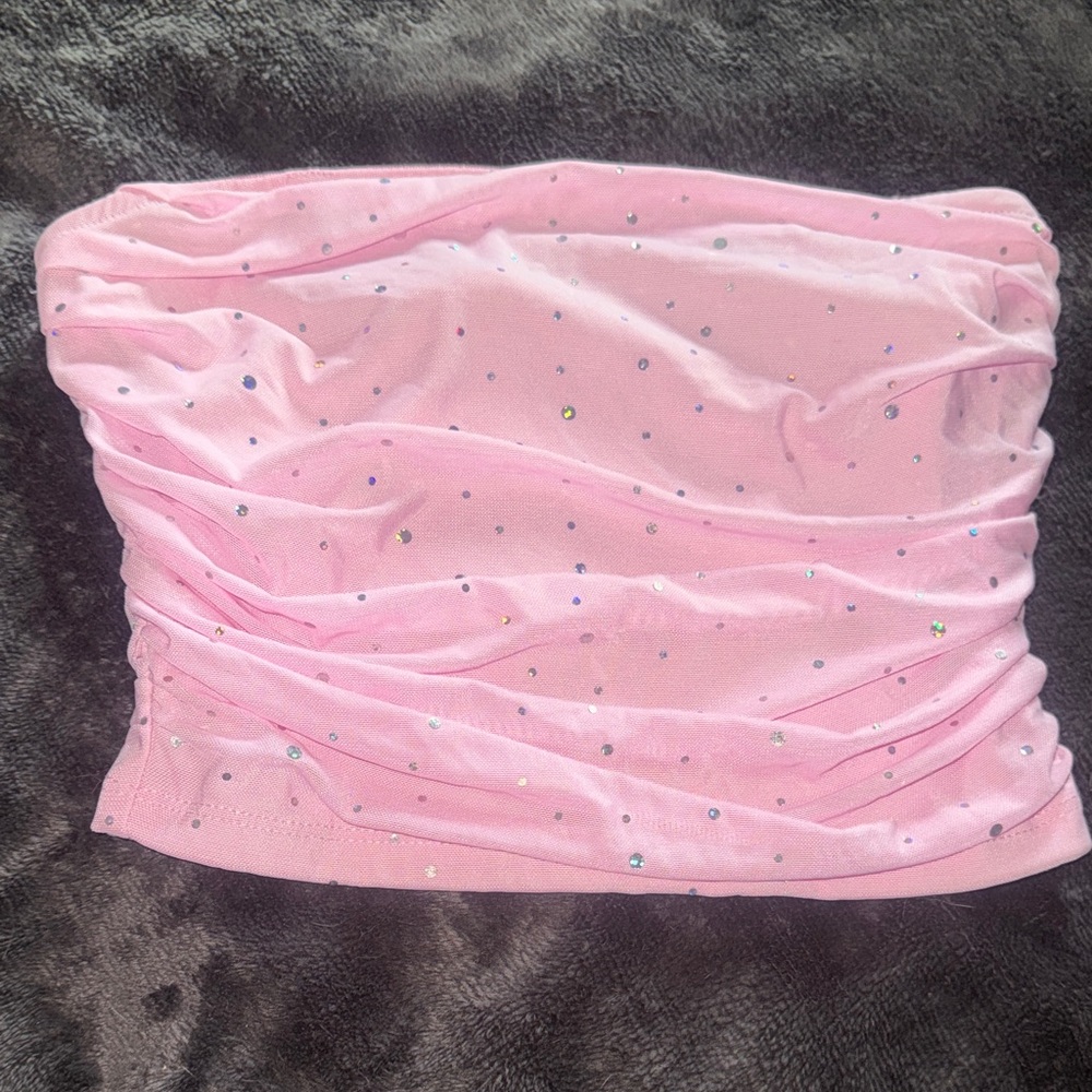 SHEIN Pink Strapless Rhinestone Ruched Tube Top